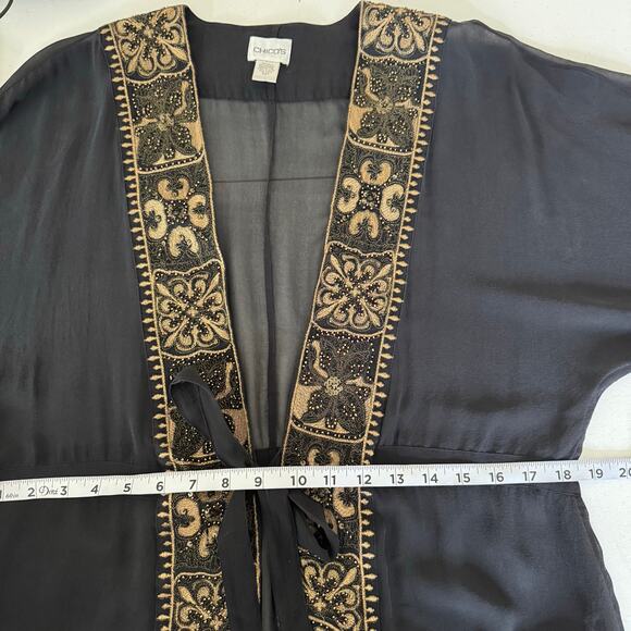 Chico's Black Gold Silk Kimono Jacket Women’s Medium Boho Embroidered Asian - Picture 11 of 12